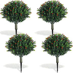 XunYee 4 Pcs 20" Artificial Topiary Ball Trees, Outdoor Artificial Shrubs Faux Bushes UV Resistance Greenery Fake Plants Tree with Ground Spike for Garden Porch Patio Indoor Decoration (Red Berries)