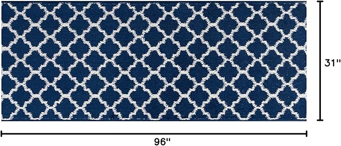 Custom Size Cut to Length Moroccan Trellis Design Runner Rug Mat For Wide Long Hallways with Non-Slip Rubber Backing, Better Traction for Pets, Prevent Slippage, Trellis Navy Blue, 31 inch X 8 feet