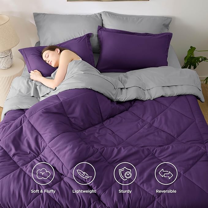 Bedsure California King Comforter Set - 7 Pieces Reversible Purple Bedding, California King Size Bed Set for All Seasons, Bed in a Bag with Down Alternative Comforter, Sheets, Pillowcases & Shams
