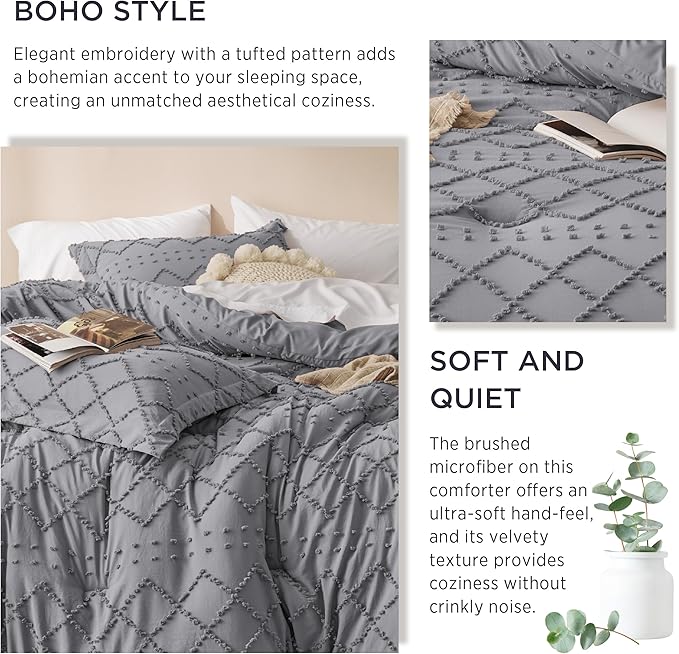 Bedsure California King Comforter Set - Grey Comforter, Boho Tufted Shabby Chic Bedding for Kids, 3 Pieces Vintage Farmhouse Bed Set for All Seasons, Fluffy Soft Bedding with 2 Pillow Shams