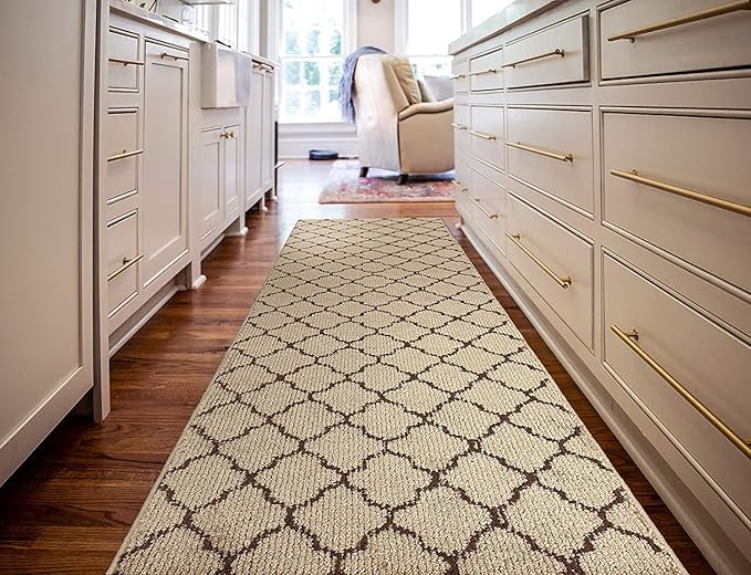 Custom Size Modern Runner Rug Carpet for Hallway Entryway Foyer Kitchen, Slip Resistant Latex Rubber Backed 31 inch Wide X Customized Length, Trellis Beige, 31 inch X 13 feet