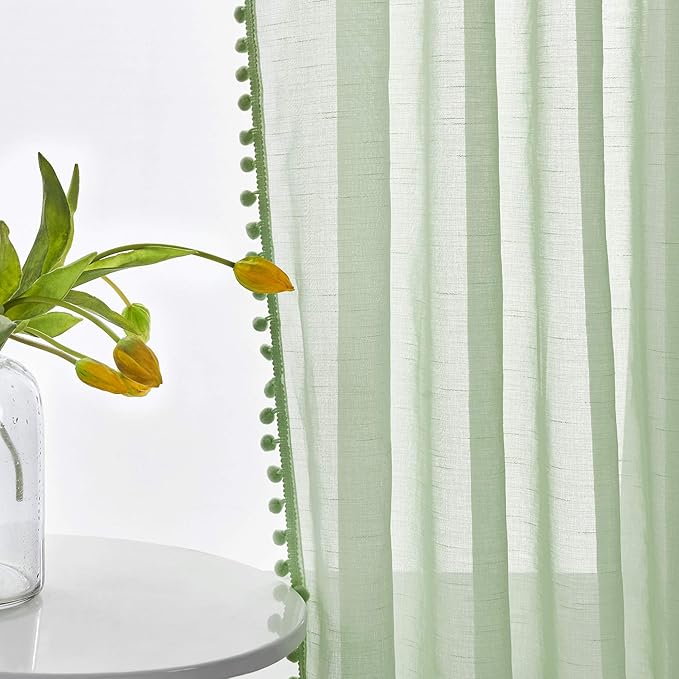 Treatmentex Pom-Pom Green Sheer Curtains for Bedroom 95inches Long Tassle Linen Textured Window Curtain Panels for Living Room Kids Room Kitchen 52" w, 1 Pair, Rod Pocket,Sage Green
