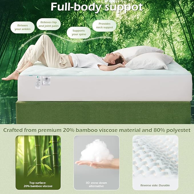 Hansleep Full Size Mattress Topper Viscose Derived from Bamboo, Memory Foam Pillow Top Mattress Topper Full with Deep Pocket, Breathable Mattress Pad for Back Pain Relief, 54" x75", White