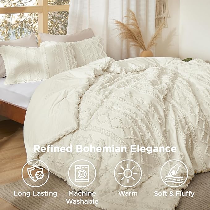 Bedsure Tufted Boho Comforter Set Oversized King - Ivory Boho Bed Set, GentleSoft™ 3 Pieces Farmhouse Shabby Chic Embroidery Bedding, Gifts for Woman, Soft Jacquard Comforter for All Seasons