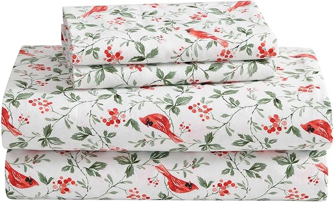 Laura Ashley - Flannel Sheets Queen Size, Anti-Pilling & Wrinkle Resistant Cotton, Touchably Soft for All-Season Comfort - Bed Sheets with Matching Pillowcases & Fitted Sheet (Jolly Cardinals Green)