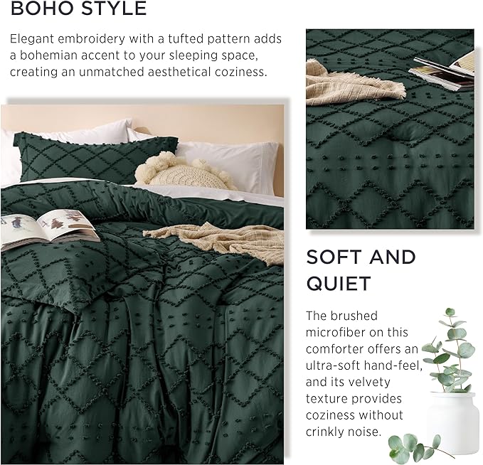 Bedsure Queen Comforter Set - Forest Green Comforter, Boho Tufted Shabby Chic Bedding for Kids, 3 Pieces Vintage Farmhouse Bed Set for All Seasons, Fluffy Soft Bedding with 2 Pillow Shams