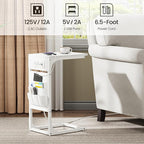 TUTOTAK C Shaped End Table with Charging Station, Side Table for Sofa, Couch Table with Storage Bag, Set of 2, TV Tray Table with 2 USB Ports and Outlets for Living Room, Bedroom, White TB01BW0242