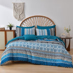 Cottolester Boho Comforter Set King Size,8 Pieces Teal Blue Bohemian Striped Bed in a Bag,Paisley Soft Microfiber Bedding Comforter Set