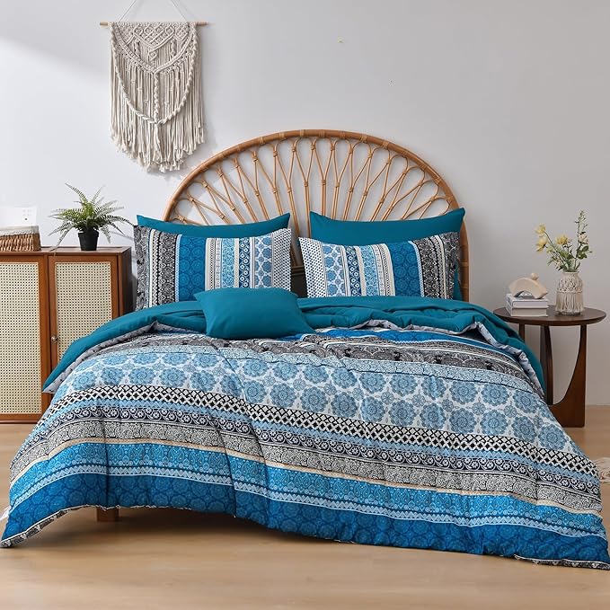 Cottolester Boho Comforter Set King Size,8 Pieces Teal Blue Bohemian Striped Bed in a Bag,Paisley Soft Microfiber Bedding Comforter Set