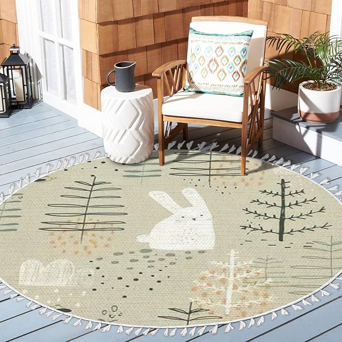 Round Rugs Forest Funny Rabbits Hand Drawn for Kids Fabric Wrapping Boho Area Rug Linen and Cotton Carpet Meditation Rug Washable Hallway Runner Mat Accent Rug for Bedroom Bathroom 3ft