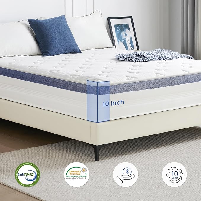 Twin Size Mattress,10 Inch Hybrid Mattress with Cooling-Gel Memory Foam and Individually Pocket Innerspring,Breathable and Pressure Relief,Medium Plush