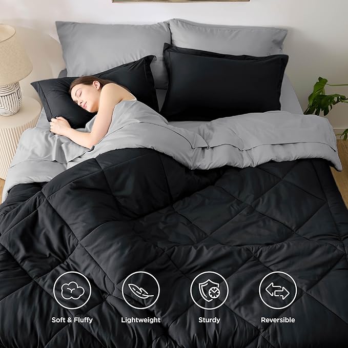 Bedsure Twin Comforter Set - 5 Pieces Reversible Black Bedding, Twin Size Bed Set for All Seasons, Bed in a Bag with Down Alternative Comforter, Sheets, Pillowcase & Sham