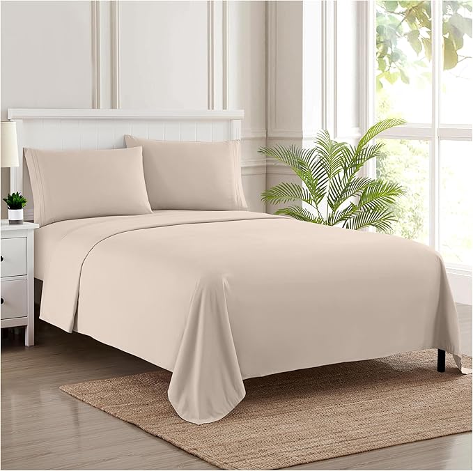 Twin XL Sheets - Breathable Luxury Sheets with Full Elastic & Secure Corner Straps Built In - 1800 Supreme Collection Extra Soft Deep Pocket Bedding Set, Sheet Set, Twin XL, Beige