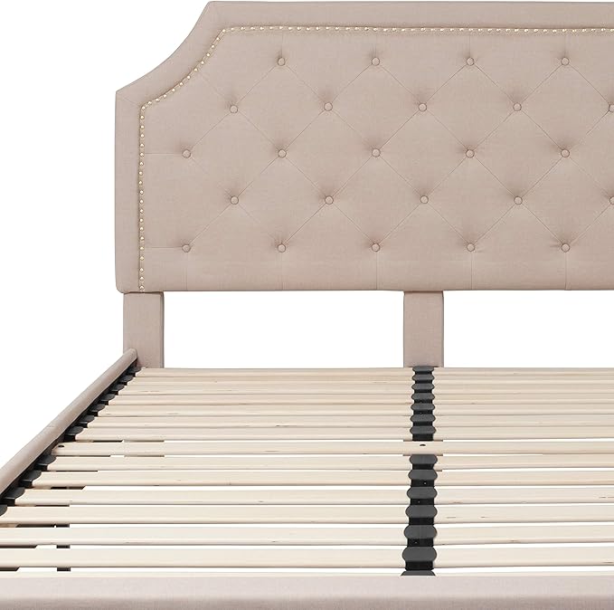 Flash Furniture Brighton Queen Size Tufted Upholstered Platform Bed in Beige Fabric