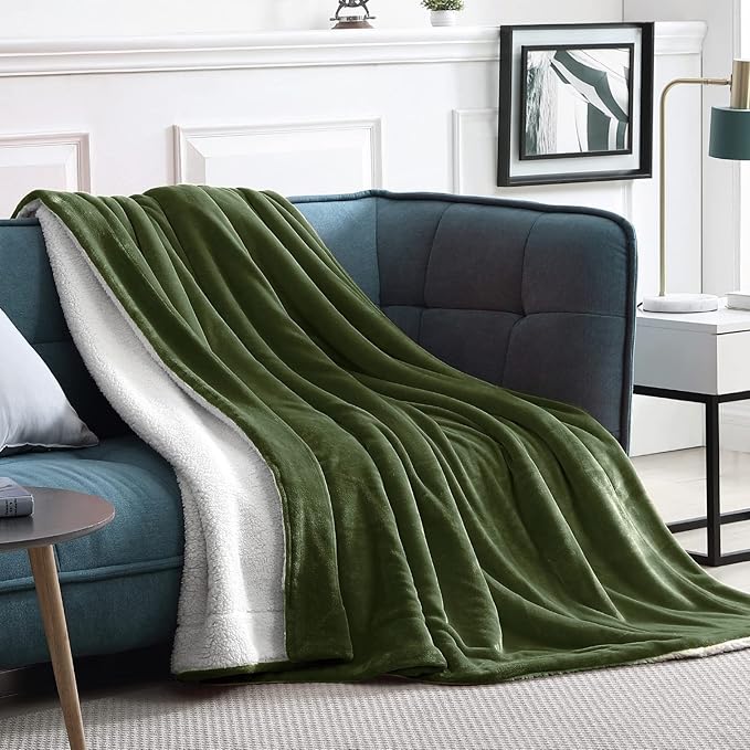 Walensee Sherpa Fleece Blanket (Throw Size 50”x60” Olive Green) Plush Throw Fuzzy Super Soft Reversible Microfiber Flannel Blankets for Couch, Bed, Sofa Ultra Luxurious Warm and Cozy for All Seasons