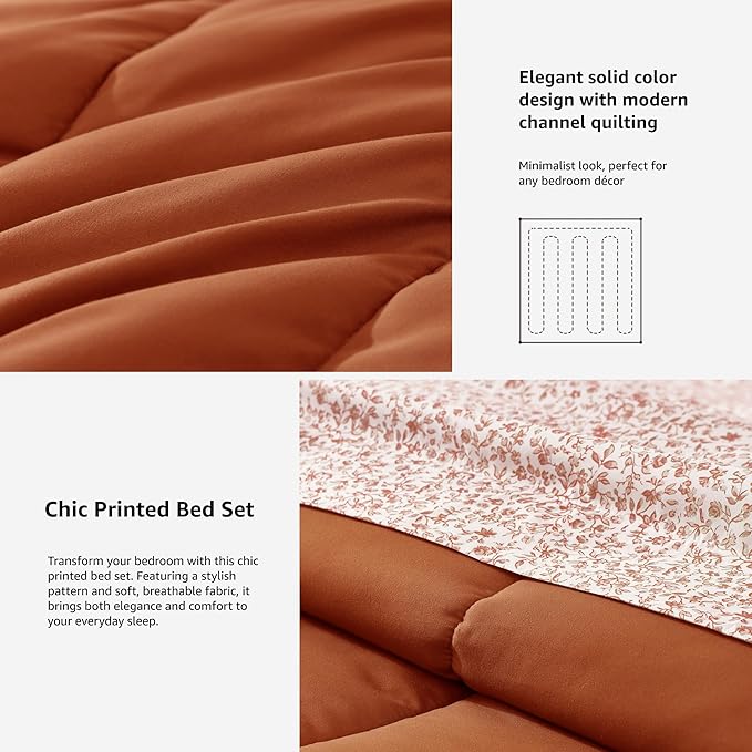 Monbix King Size Comforter Set - 7 Pieces Bed in a Bag King, Burnt Orange Track Stitching Bedding Sets, All Seasons Down Alternative Comforter Bed Set with Sheets