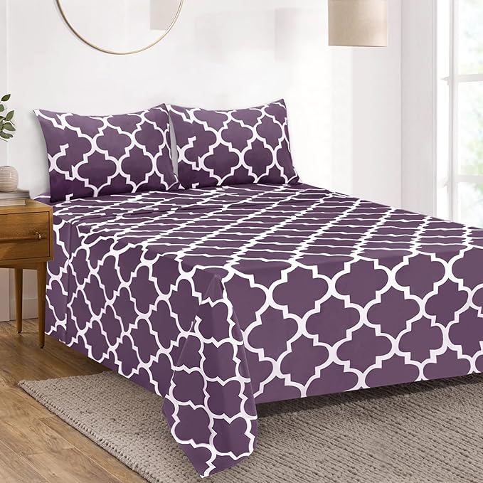 Mejoroom King Bed Sheet Set - Super Soft Brushed Microfiber 1800 Thread Count Sheets with 15 inch Deep Pocket - Wrinkle Free - 4 Piece (King, Purple Quatrefoil with White Pattern)