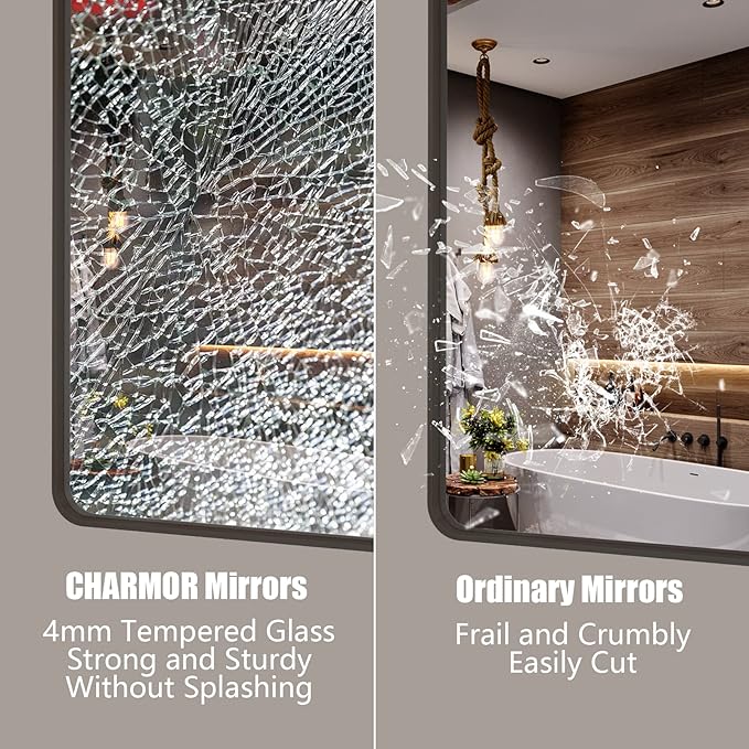48x32 Bronze Bathroom Mirror, Brushed Bronze Framed Bathroom Vanity Mirror, Rounded Rectangle Mirror for Wall, Shatterproof, Wall Mounted, Anti-Rust (Horizontal/Vertical)