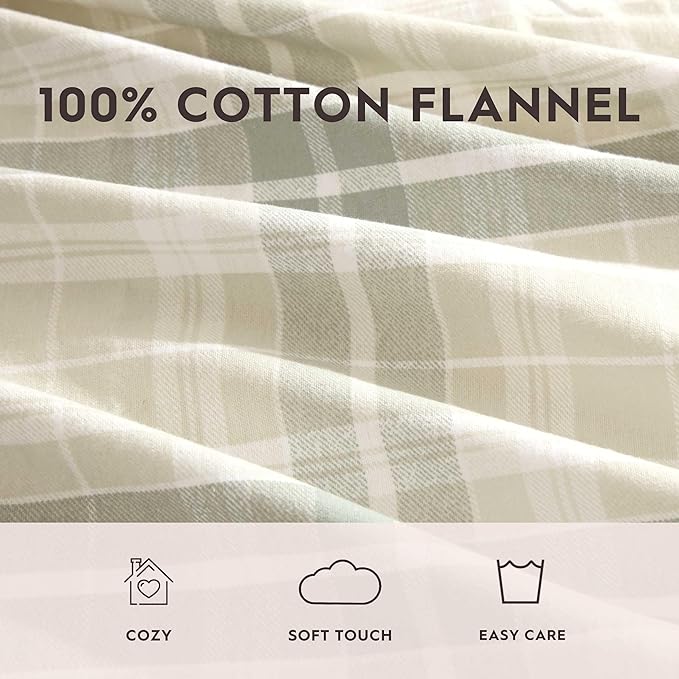 Laura Ashley - Flannel Sheets Twin Size, Anti-Pilling & Wrinkle Resistant Cotton, Touchably Soft for All-Season Comfort - Bed Sheets with Matching Pillowcase & Fitted Sheet (Mulholland Plaid Green)