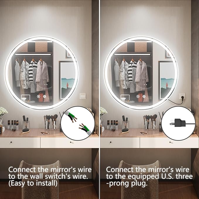 28 Inch Round LED Bathroom Mirror, Front & Backlit Lighted Bathroom Mirror Wall Mounted, 6000K Daylight, Dimmable, Anti-Fog, CRI 90+