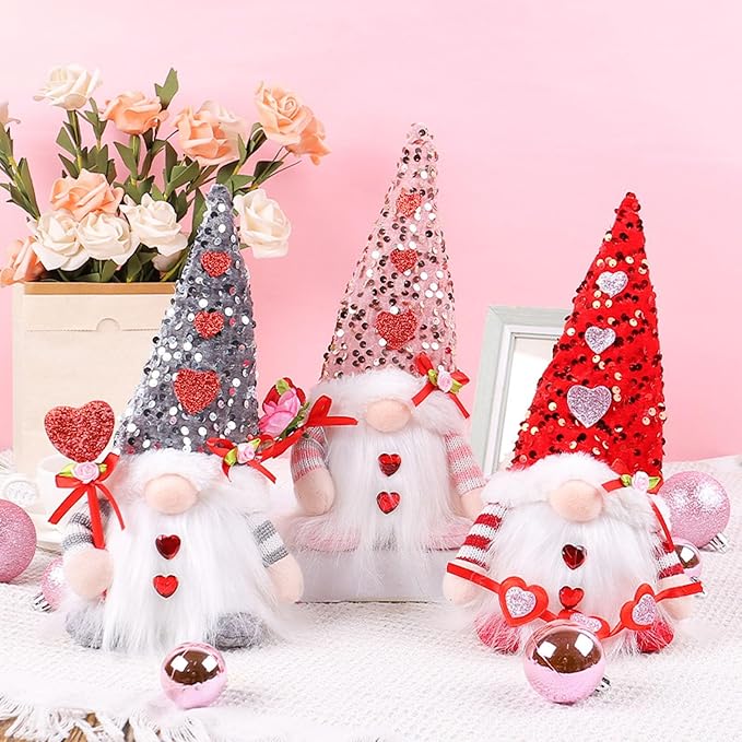 Light Up Gnome Valentine's Day Decorations Indoor Home Decor 11" Lighted Valentines Gnomes Decor Plush Scandinavian Tomte Elf Holiday Gnomes Ornaments Valentines Day Gifts for Her (Red)