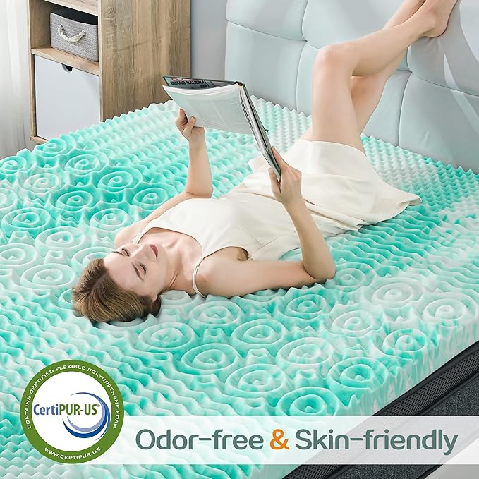 SINWEEK 1.5 Inch Mattress Topper 5-Zone Memory Foam Mattress Topper Pressure Relieve Soft Mattress Pad, CertiPUR-US Certified, King Size, Green