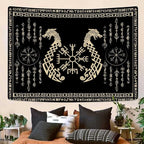 OSUNBD Nordic Vikings Tapestry, Small 6051 inches Soft Flannel, Vegvsir Symbol Twins Dragons Celtic Rune Scandinavian Aesthetic Mythology Tapestry Wall Hanging for Bedroom Living Room Decor