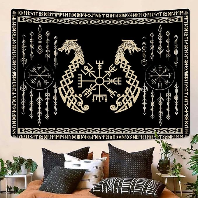OSUNBD Nordic Vikings Tapestry, Small 6040 inches Soft Flannel, Vegvsir Symbol Twins Dragons Celtic Rune Scandinavian Aesthetic Mythology Tapestry Wall Hanging for Bedroom Living Room Decor