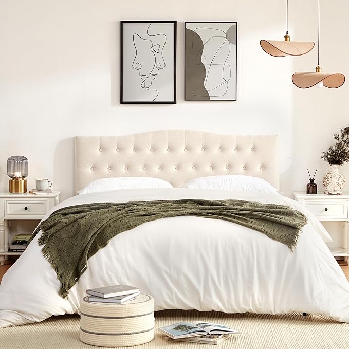 Tufted Upholstered Headboard King Size, Sturdy and Durable Solid Wood Bed headboard, Fabric Headboard Adjustable Height from 37” to 51”, Modern Button Diamond Design Head Board, Beige