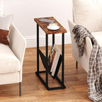 Narrow Side Table for Small Spaces, Small End Table with Magazine Holder, Skinny Slim Little Thin Table for Living Room, Bedroom, Sofa, Rustic Brown