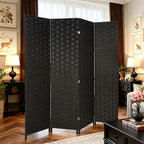 FDW Room Divider Wood Screen 4 Panel Folding Portable Partition Screens Wooden Mesh Woven Design Room Screen Divider for Home Office (Coal Black)