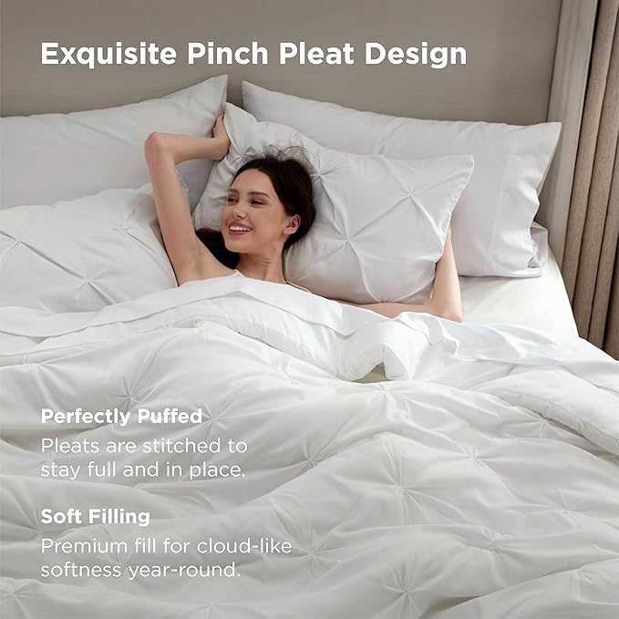 Bedsure King Size Comforter Set White - Bed in a Bag Bedding Set 7 Pieces, GentleSoft™ Pintuck Bed Set Gift for Family, Pinch Pleat White Comforter with Sheets, Pillowcases & Shams