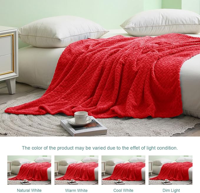 Exclusivo Mezcla Fleece King Size Blanket for Bed, 90x104 Inches Soft Cozy Jacquard Flannel Blankets, Lightweight Fuzzy Plush Warm for Winter, Red