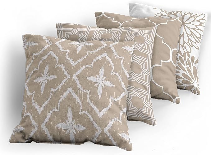 Ambesonne Vintage Throw Pillow Cushion Case Pack of 4, Monochrome Design Grid Trellis Quatrefoil Mesh and Dahlia Flowers Modern Print, Modern Accent Double-Sided Digital Printing, 20", Tan and White