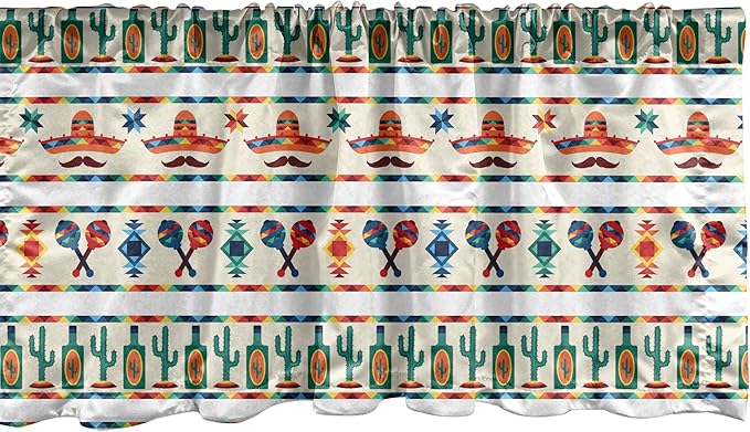 Ambesonne Mexican Window Valance Pack of 2, Latin American Cultural Native Borders Indigenous Saguaro Sombrero Tequila Bottle, Rod Pocket Curtain Valances for Kitchen Bedroom, 54" X 12", Jade Green