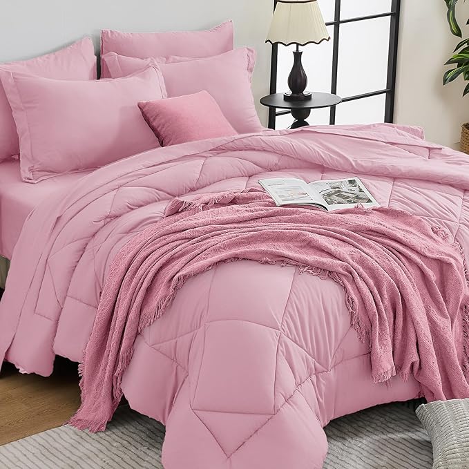 HEVUMYI Pink Twin-XL Comforter Set - 5-Piece All Season Bed in a Bag Twin-XL, Ultra Soft Bedding Set with Comforter, Flat Sheet, Fitted Sheet, Pillowcases, Pillow Shams, Pink