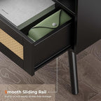 SUPERJARE Nightstands with Charging Station, Bedside Table Set of 2 with PE Rattan Drawers, Rattan Side Table with Storage & Solid Wood Feet, End Table for Bedroom, Black