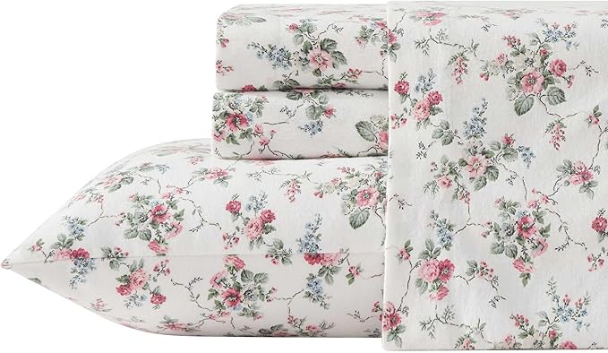 Laura Ashley - Flannel Sheets Twin Size, Anti-Pilling & Wrinkle Resistant Cotton, Touchably Soft for All-Season Comfort - Bed Sheets with Matching Pillowcase & Fitted Sheet (Le Fleur Pink)
