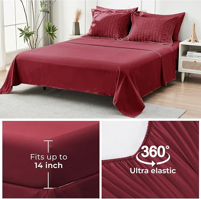 HYMOKEGE Burgundy Full Size Comforter Sets Seersucker 7 Pieces, All Season Luxury Bed in a Bag for Bedroom, Bedding Set with Comforters, Sheets, Pillowcases & Shams