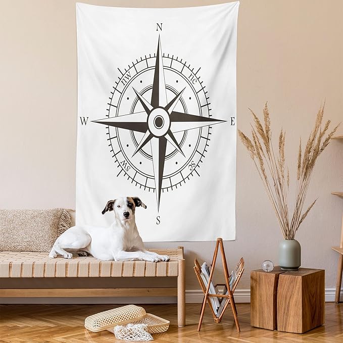 Ambesonne Compass Tapestry, Wind Rose Old Fashion Navigational Equipments Orienteering Illustration Print, Wall Hanging for Bedroom Living Room Dorm Decor, 40" X 60", Evergreen White