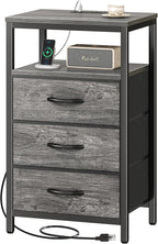 Huuger Nightstand with Charging Station, 27.6 Inch End Table Bedside Table with USB Ports and Outlets, Night Stand for Bedroom, Fabric Drawers, Grey