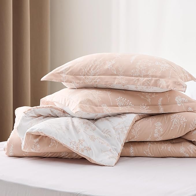 Bedsure Queen Comforter Set - Dusty Rose Bed Set, 3 Pieces Cute Floral Bedding, 1 Soft Reversible Botanical Flowers Comforter and 2 Pillow Shams
