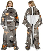 Catalonia Sherpa Wearable Blanket with Sleeves & Foot Pockets for Adult Women Men, Comfy Snuggle Wrap Sleeved Throw Blanket Robe, Gift Idea, Taupe Horse