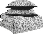 Queen Comforter Set - Complete 7-Piece Bedding Collection - 1 Comforter, 2 Pillow Shams, 1 Bed Skirt & 3 Decorative Accent Pillows - Premium Quality, Queen, Black/White Damask