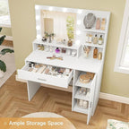 Quimoo Makeup Vanity Desk with Mirror & Lights, Vanity Desk with 5 Drawers & Storage Shelves, Vanity Table, 3 Color Modes & Adjustable Brightness Dressing Table, Bedroom, White