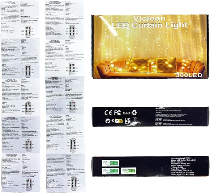 Vicloon Fairy Curtain Lights,300 LED White Curtain Lights,8 Modes 9.8×9.8Ft Waterproof Window Curtain String Light USB&Battery Powered with Remote Control,String Lights Curtain for Indoor,Outdoor