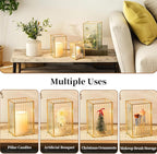 Glasseam Hurricane Glass Candle Holder: Ribbed Gold Pillar Candle Holders Set of 3 Square Metal Candle Holders for Table Centerpiece Modern Small Lanterns Decorative Indoor for Christmas Wedding Decor