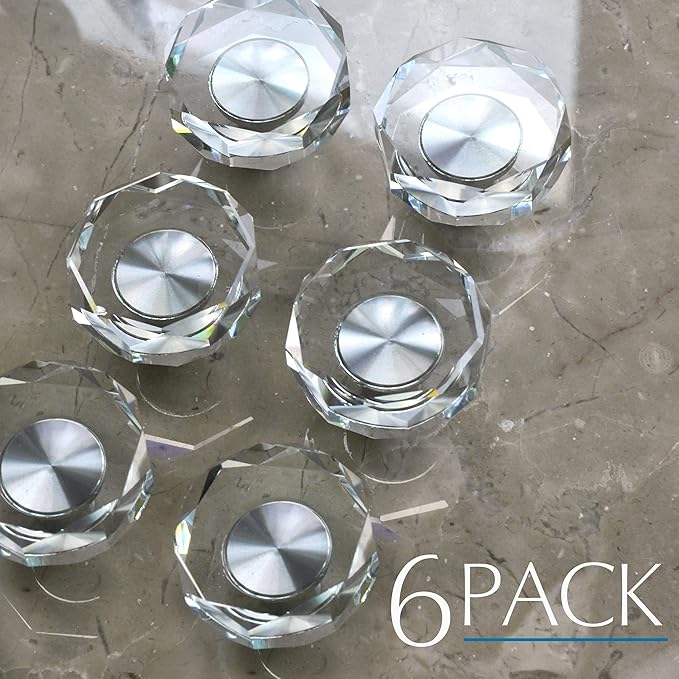 JEREVER 6 Pack Glass Crystal Knobs Brushed Nickel Drawer Pull Cabinet Handle for Dresser Kitchen (Polygon)