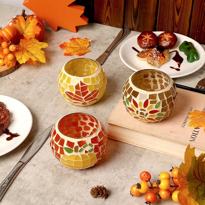 Nefelibata Fall Candle Holder Set of 3 Mosaic Maple Leave Sunflower Tealight Holder Pumpkin Glass Thanksgiving Votive Candle Holder Thanksgiving Party Dinner Table Centerpieces (No Candle Included)