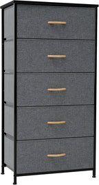 Crestlive Products Vertical Dresser Storage Tower - Sturdy Steel Frame, Wood Top, Easy Pull Fabric Bins - Wide Organizer Unit for Bedroom, Hallway, Entryway, Closets - 5 Drawers(Gray)